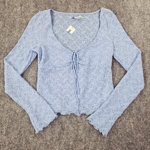 Kimchi Blue Top Womens Large Blue Lace Long Sleeve V Neck Tie Front Urban Outfit